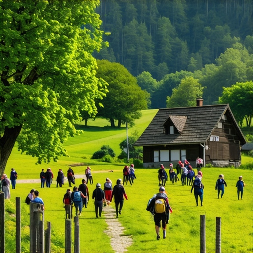 Traditional Serbian Village in Nature Serbian village with natural landscape and tourists