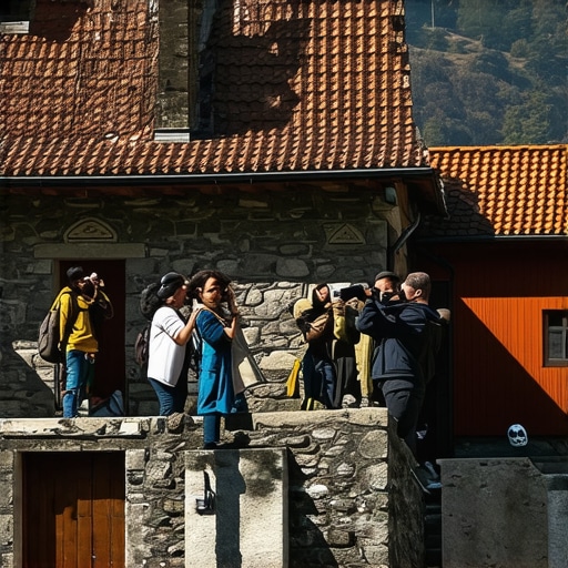 Traditional Serbian Village Serbian village with traditional architecture and tourists