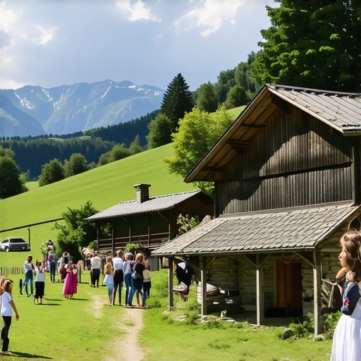 Guests participating in traditional activities at a Slovenian farm with mountain scenery