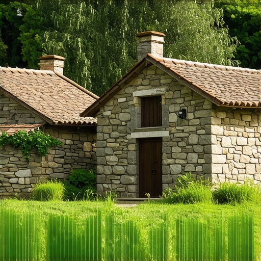 Traditional stone houses in a lush rural setting in Lužani