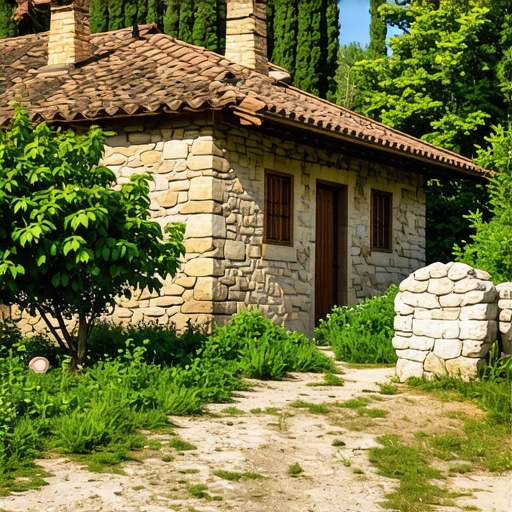 Traditional Vevčani Village Scene Stone houses and orchards in a traditional Macedonian village in Vevčani