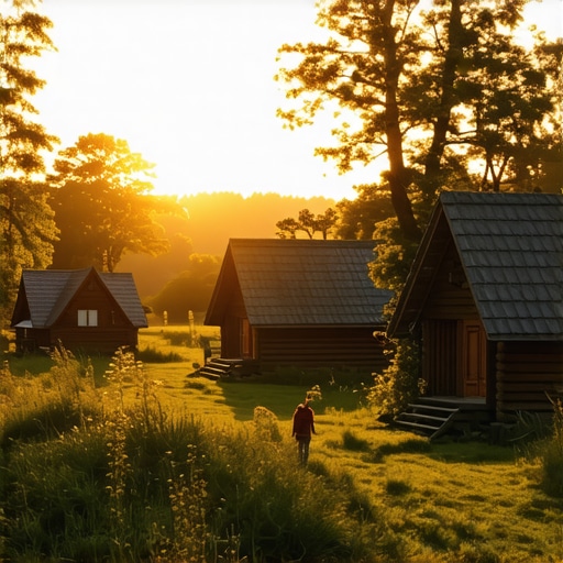 Rural wooden cabins at sunset highlighting traditional architecture and natural surroundings.
