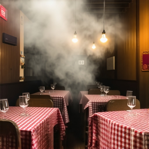 Unutrašnjost stare niške kafane sa kariranim stolnjacima i dimom roštilja.