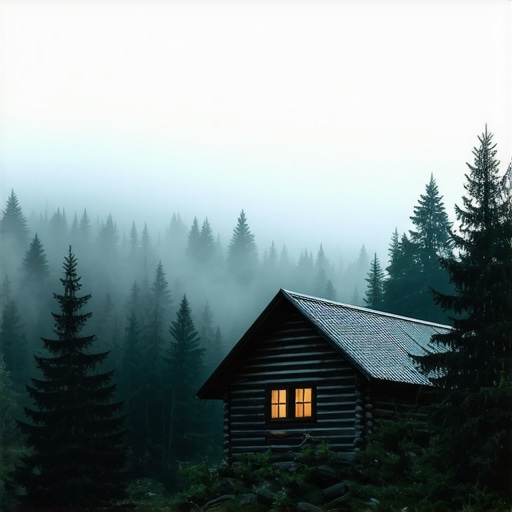 Autentična brvnara na Tari u magli Skromna drvena koliba na planini Tara okružena maglom i borovom šumom