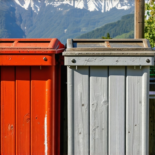 Drveni kontejneri za reciklažu u etno selu sa planinama u pozadini