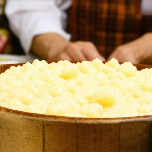 Autentični srpski kajmak na pijaci Pravi domaći kajmak u drvenoj kaci na pijačnoj tezgi