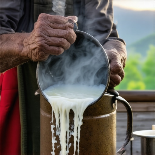 Authentic milk pouring in Serbian ethno village Hands pouring fresh raw milk from pail into jug in a rural setting