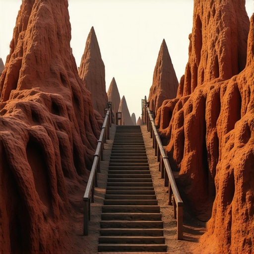 Panorama Đavolje Varoši sa drvenim vidikovcima i crvenim zemljanim figurama pod jutarnjim suncem