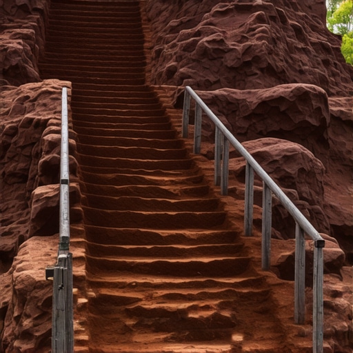 Zemljane figure Đavolje Varoši sa drvenim stepenicama pod jutarnjom maglom