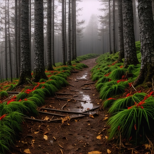 Raskvašena i blatnjava planinarska staza na Divčibarama nakon oluje sa maglom i palim drvećem