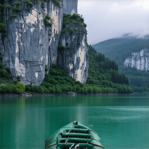 Gumeni čamac na smaragdno zelenoj reci Drini ispod litica Tare