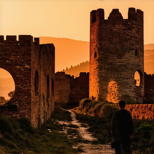 The ancient Roman ruins of Felix Romuliana in Gamzigrad under a dramatic orange sky