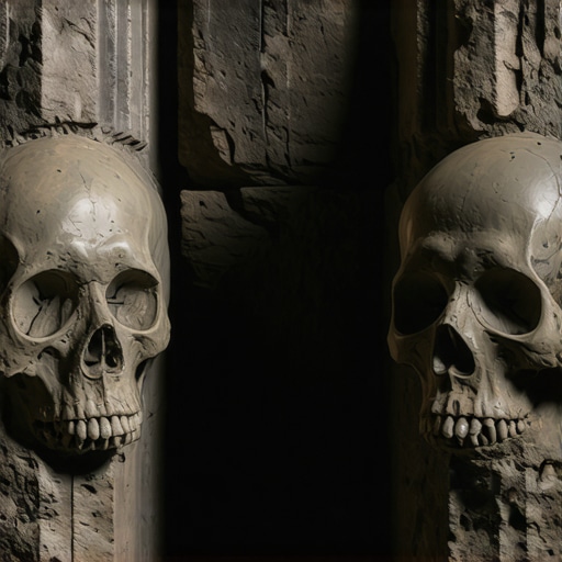 Detaljan prikaz lobanja ugrađenih u Ćele Kulu u Nišu pod prigušenim svetlom.