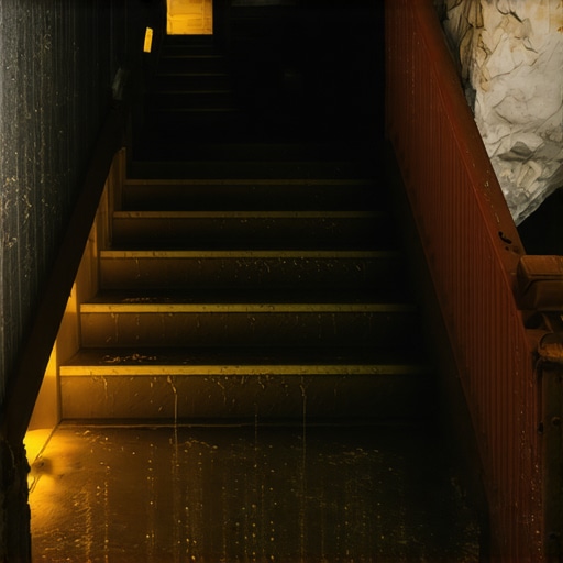 Detalj vlažnih i klizavih stepenica unutar pećinskog sistema sa stalaktitima u pozadini