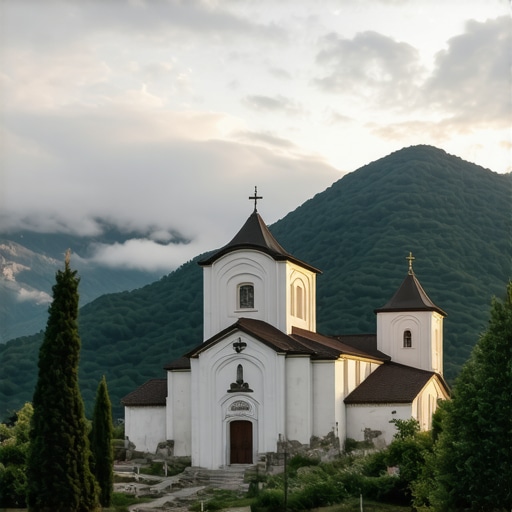 Pogled na beli mermerni manastir Studenica okružen planinama pod maglom u sumrak