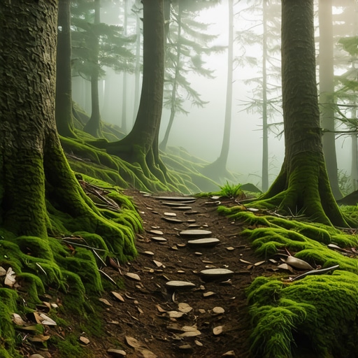 Gusta šuma i planinarska staza na Kosmaju prekrivena mahovinom i maglom