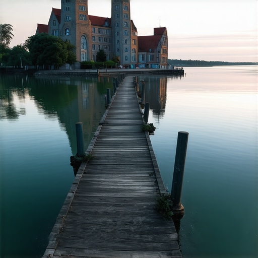 Drvena konstrukcija Ženskog štranda na Paliću sa zelenom vodom jezera u pozadini pod sumračnim nebom.