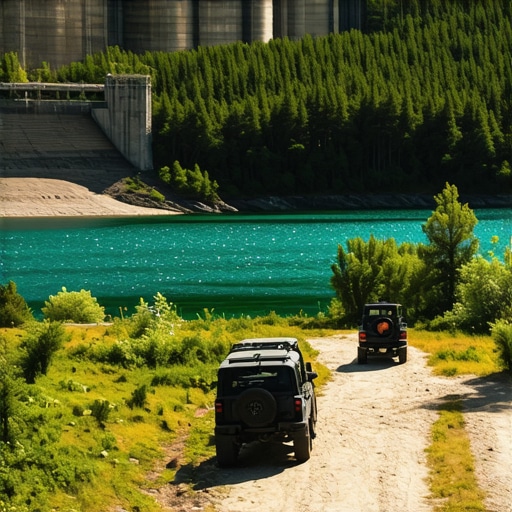 Pogled na jezero Perućac i branu sa rendžerskim vozilom u prvom planu