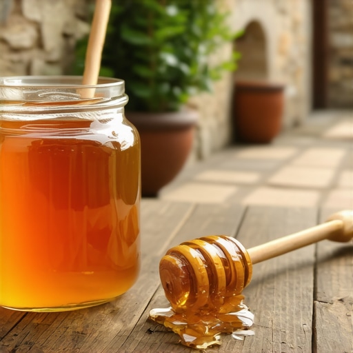 Pravi domaći med na drvenom stolu Testiranje autentičnosti meda u seoskom domaćinstvu