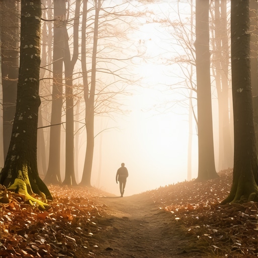 Skrivene staze Avale u izmaglici Gusta bukova šuma na Avali sa uskom pešačkom stazom bez ljudi u rano jutro.