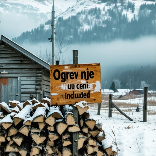 Seoska brvnara sa drvima za ogrev i upozorenjem na doplatu