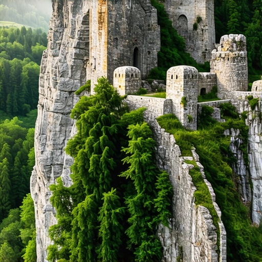 Ruševine Soko Grada na liticama okružene gustom šumom u magli