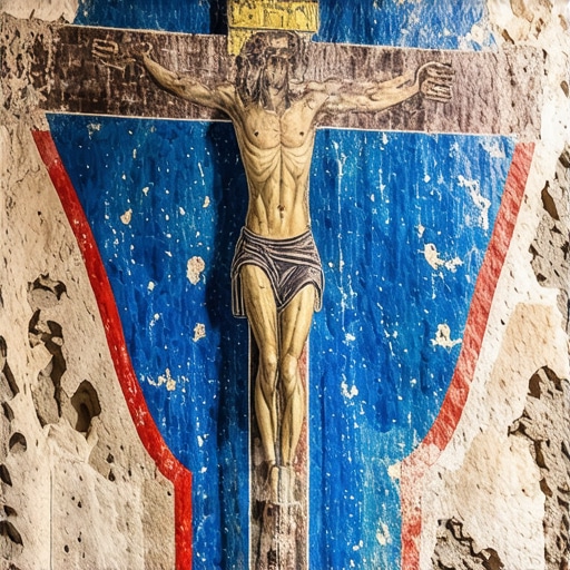 Detailed view of the 12th-century Crucifixion fresco in Studenica Monastery showing the iconic blue background.