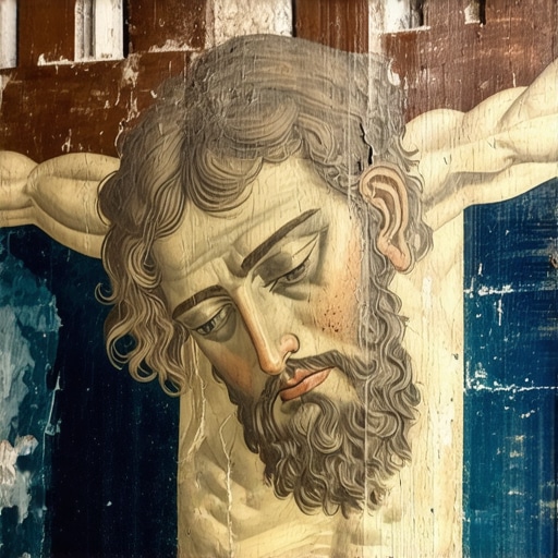 Detalj freske Raspeće Hristovo u manastiru Studenica sa prepoznatljivom vizantijsko plavom bojom.