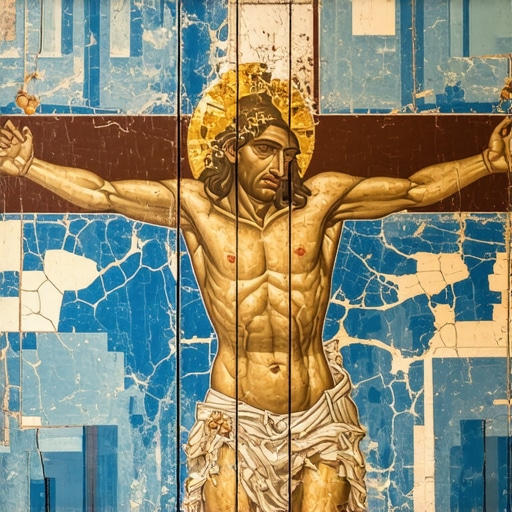 Detalj freske Raspeće Hristovo u manastiru Studenica sa fokusom na plavi pigment i teksturu starog zida.