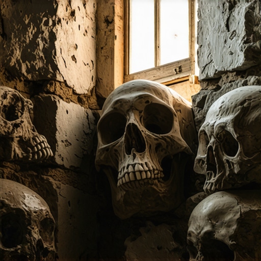 A detailed shot of the Skull Tower in Niš showing historical skulls embedded in stone walls.
