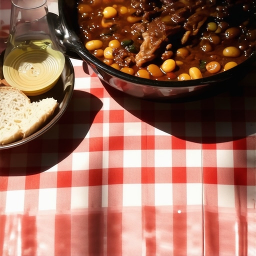 Authentic Serbian food on a rustic table including beans, bread, and rakija in a local tavern.