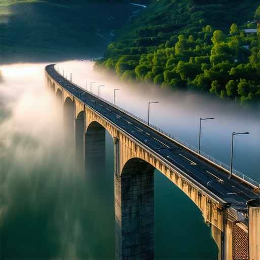Višegrad Bridge Dawn Fog Mehmed Paša Sokolović Bridge in Višegrad shrouded in morning fog from a cliff viewpoint.