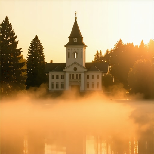 The historic mineral spring building in Vrnjačka Banja park during a misty sunrise in 2026.
