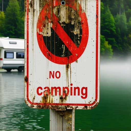 Tabla sa upozorenjem o zabrani kampovanja pored jezera Perućac sa kaznama