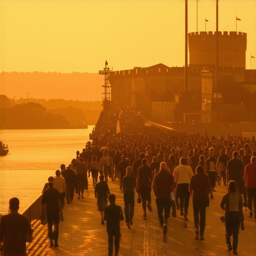 Petrovaradinska tvrđava i most Duga u zoru puni ljudi nakon festivala