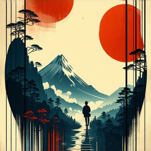 A logo in the style of fuji-San style art style, dePICTing as an abstract representatipn of travel, exploring the world through a window with 