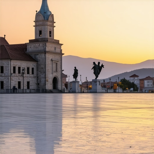 The stone architecture and marble square of Andrićgrad in Višegrad during golden hour.