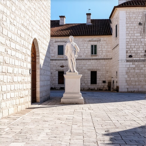 Pogled na kamene ulice i arhitekturu Andrićgrada u Višegradu pod jarkim suncem