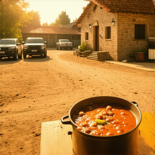 Autentičan ručak na salašu 2026 Tradicionalni vojvođanski salaš sa postavljenim stolom u dvorištu i modernim automobilima u pozadini