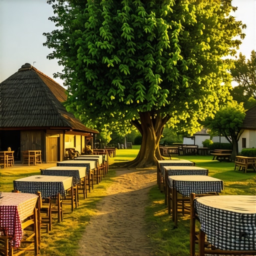 Stari salaš u Vojvodini sa drvenim stolovima i rustičnim ambijentom pod suncem