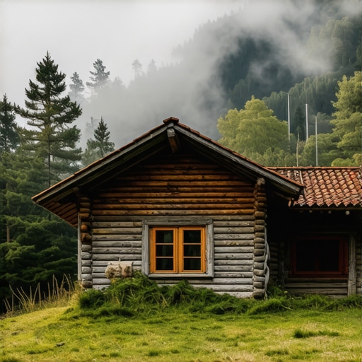 Stara drvena brvnara na planini Zlatar u Srbiji okružena maglom i šumom