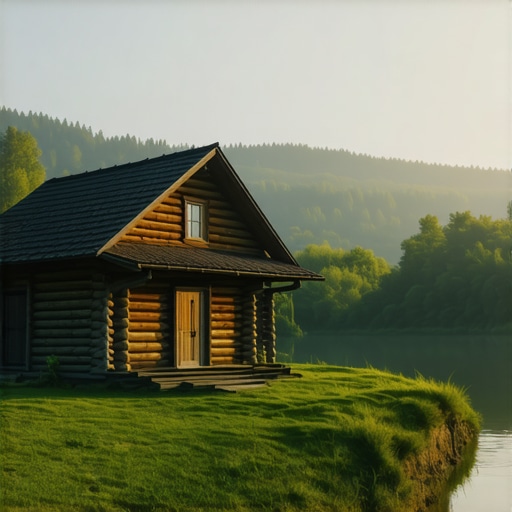 Drvena kućica u Petrovom selu pored reke u maglovito jutro