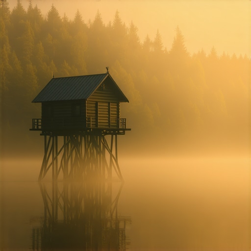 Autentična drvena kućica na reci 2026 Drvena brvnara iznad reke u magli sa šumom u pozadini