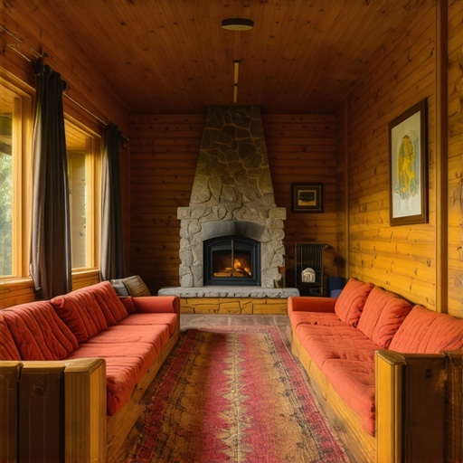 Autentična unutrašnjost srpske brvnare bez laminata Tradicionalna srpska soba sa drvenim podom i vunenim tepisima