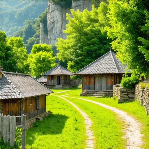 Autentično etno selo u Srbiji tokom leta Drvene brvnare u srpskom etno selu sa planinskim pejzažom u pozadini