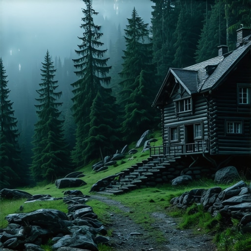 Drvena kuća u magli na planini Tari u Srbiji