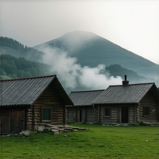 Authentic Serbian Ethno Village at Dusk Traditional wooden cabins in a misty Serbian mountain landscape during twilight