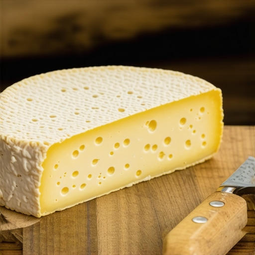 Authentic Vlašić Cheese Details Close-up of authentic Vlašić cheese with porous texture on a wooden market stall.