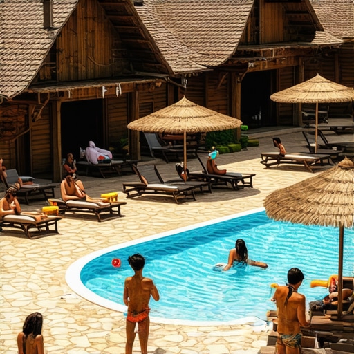 Etno selo sa bazenom i drvenim kućicama u pozadini tokom letnjeg dana