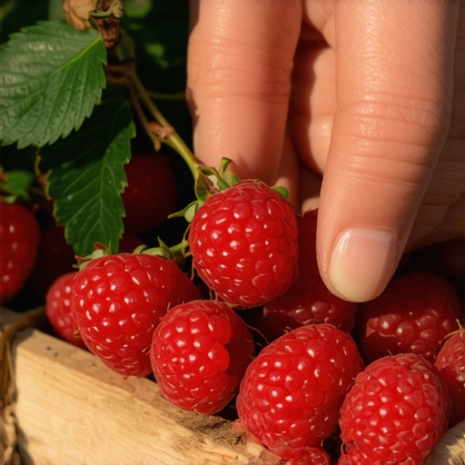 Krupni plan zrelih organskih malina na grani u malinjaku u Arilju tokom berbe